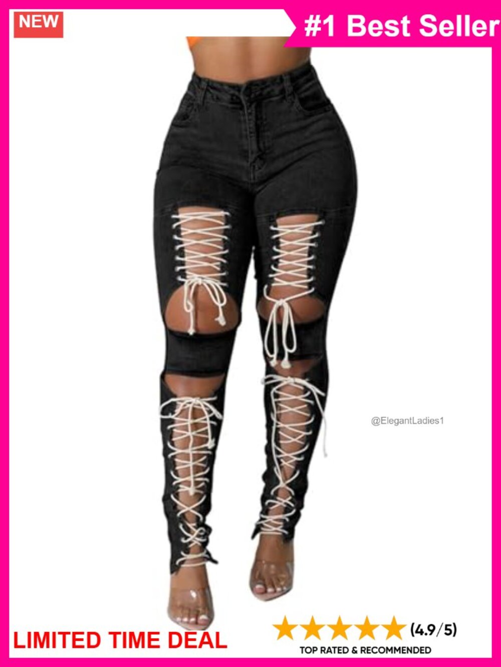 Women's Lace Up Ripped Cutout High Waist Skinny Denim Jeans